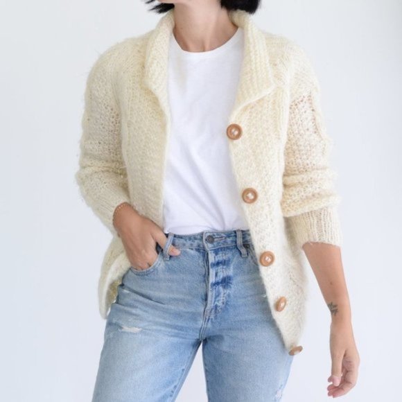 Handmade Chunky Cable Knit Natural Cream Long Sleeve Sweater Cardigan - Picture 3 of 10